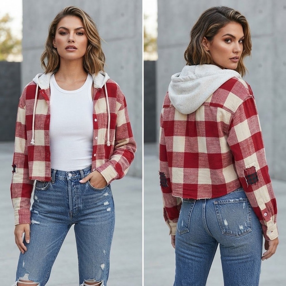American Eagle Buffalo Plaid Flannel Hooded Shirt Red Cream Cropped Medium